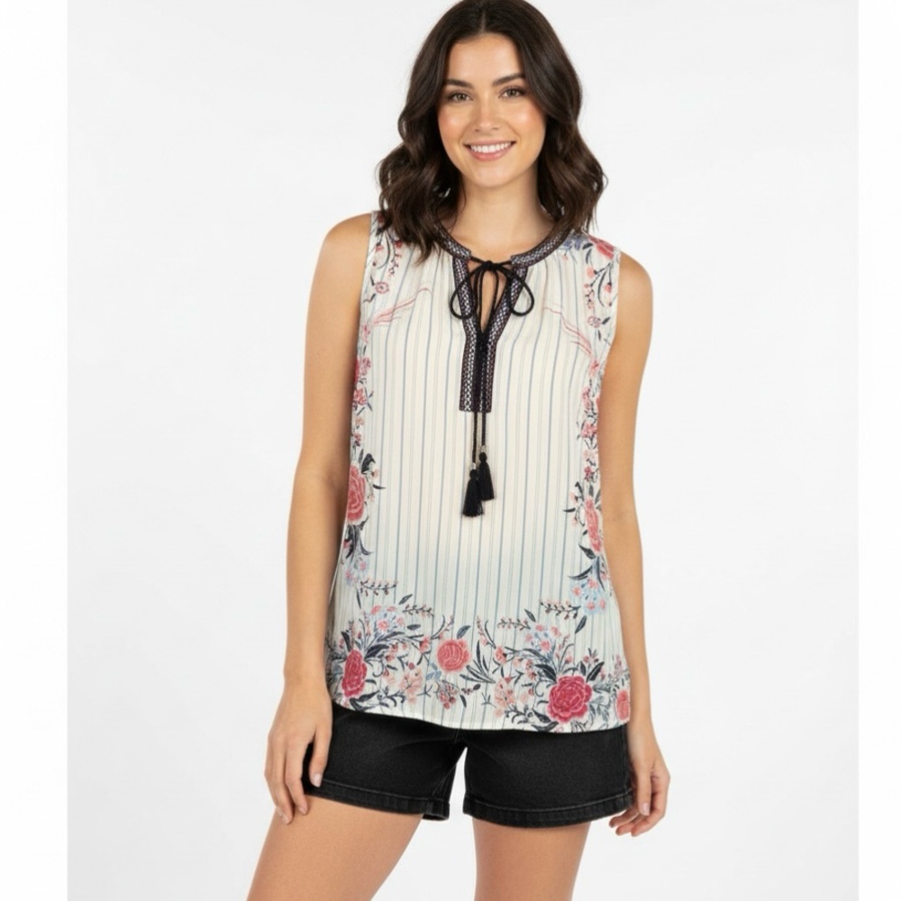 DR2 White Floral Striped Embroidered Sleeveless Tassel Tie Top S Boho